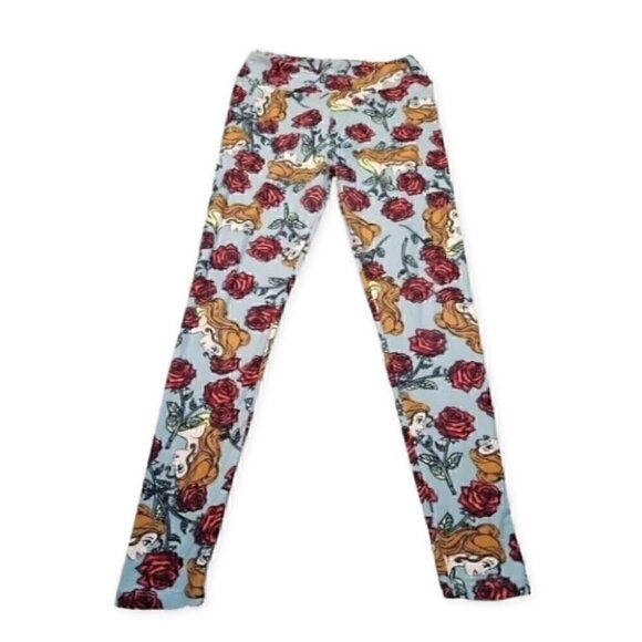 Lularoe OS Belle Beauty and The Beast Disney Grey Red Floral Leggings - Picture 3 of 7